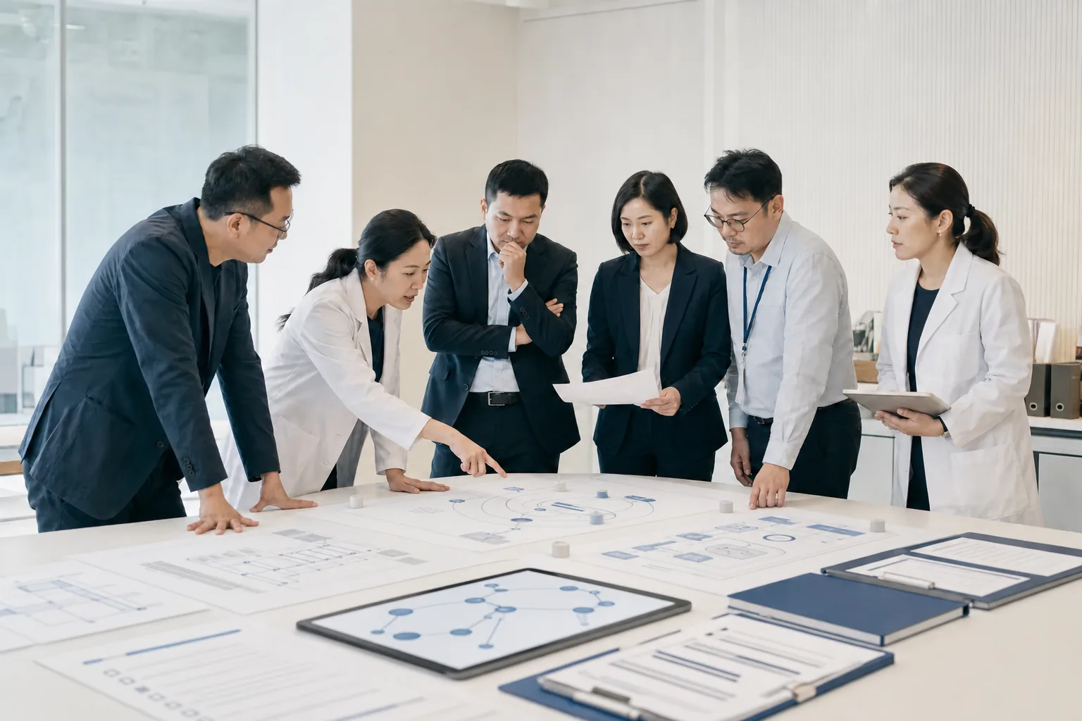 医疗、治理与技术团队在明亮会议空间共同复核责任边界与证据